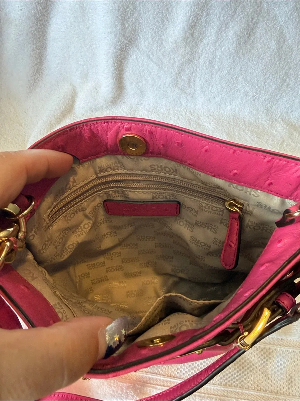 Michael Kors Hot Pink Ostrich-Embossed Crossbody with Gold Hardware